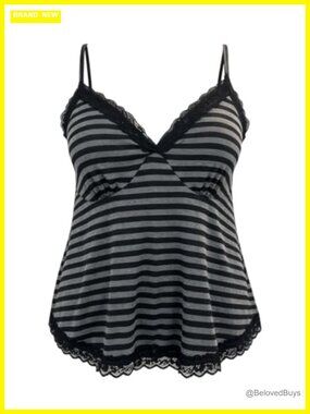 Plus Size Lace Trim Striped Babydoll Cami Peplum Top